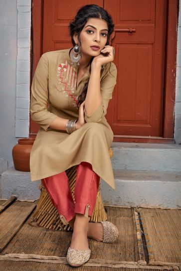 Party Wear Beige Color Embroidery Work Long Kurti With Pant In Rayon Fabric