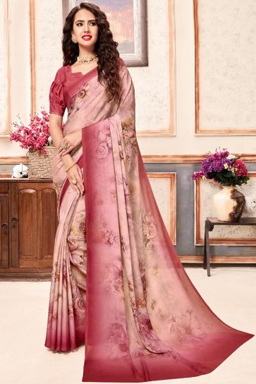 Peach Color Designer Crepe Puja Wear Saree With Print Designs
