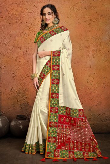 Off White Color Party Wear Satin Fabric Fancy Embroidery Work Saree