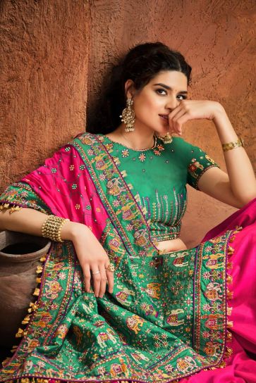 Fancy Satin Fabric Puja Wear Rani Color Embroidery Work Saree