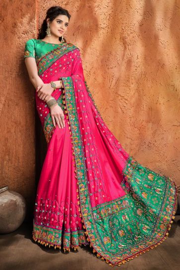 Fancy Satin Fabric Puja Wear Rani Color Embroidery Work Saree