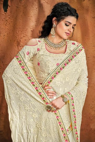 Off White Color Puja Wear Fancy Georgette Fabric Embroidery Work Saree