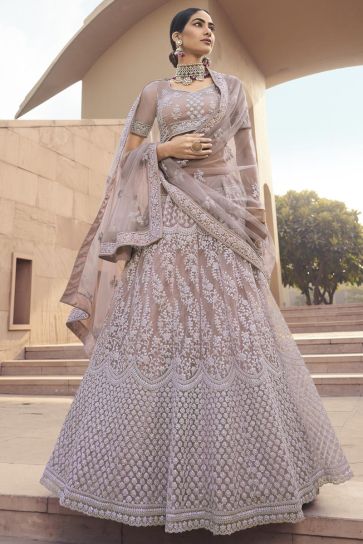 Net Fabric Fancy Wedding Wear Lehenga Choli In Dark Beige Color