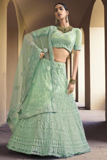 Sea Green Net Fabric Designer Wedding Wear Lehenga Choli