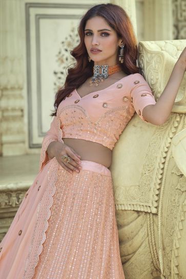 Georgette Fabric Sangeet Wear Chic Peach Color Sequins Work Lehenga Choli