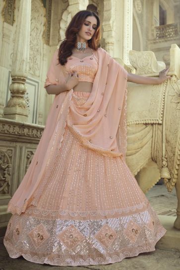 Georgette Fabric Sangeet Wear Chic Peach Color Sequins Work Lehenga Choli