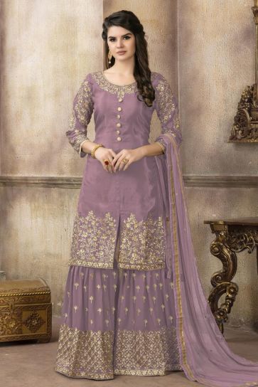 Viscose Fabric Violet Color Festive Wear Palazzo Salwar Suit With Embroidery Work