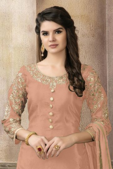 Viscose Fabric Dark Salmon Color Embroidered Function Wear Palazzo Salwar Suit