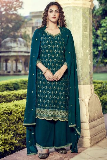 Gorgeous Teal Georgette Embroidered Palazzo Suit