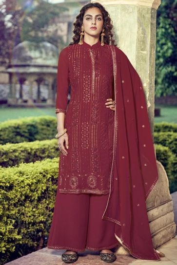 Pretty Georgette Fabric Embroidered Maroon Color Festive Wear Palazzo Suit