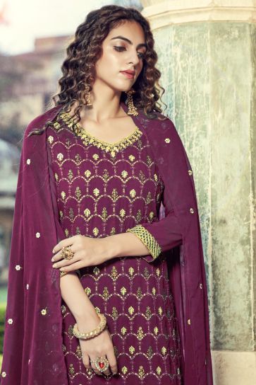 Purple Color Attractive Embroidered Georgette Function Wear Palazzo Suit