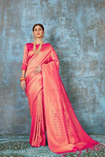 Art Silk Fabric Party Wear Pink Color Stylish Weaving Work Saree