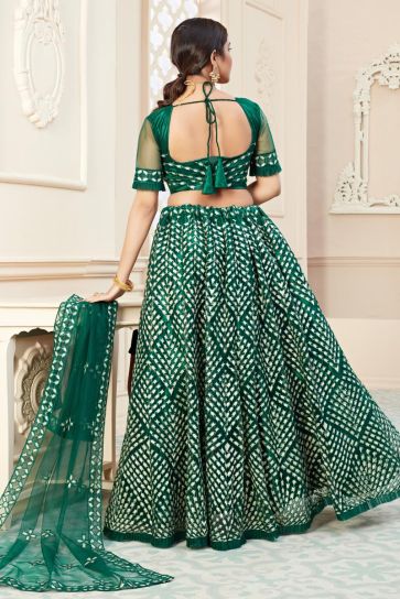 Green Color Net Fabric Sangeet Function Wear Embroidered Lehenga