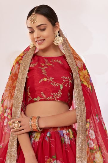 Red Color Sangeet Wear Lehenga With Floral Printed Work