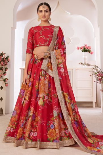Red Color Sangeet Wear Lehenga With Floral Printed Work