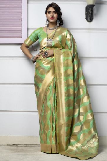 Art Silk Fabric Function Wear Sea Green Color Fancy Weaving Work Saree