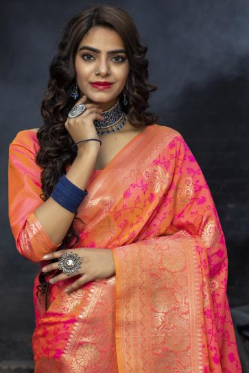 Art Silk Fabric Party Wear Rani Color Fancy Weaving Work Saree