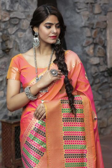 Sangeet Wear Peach Color Art Silk Fabric Fancy Weaving Work Saree