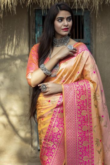 Wedding Wear Art Silk Fabric Fancy Weaving Work Saree In Yellow Color