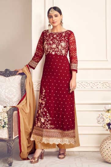 Viscose And Georgette Fabric Maroon Color Palazzo Suit