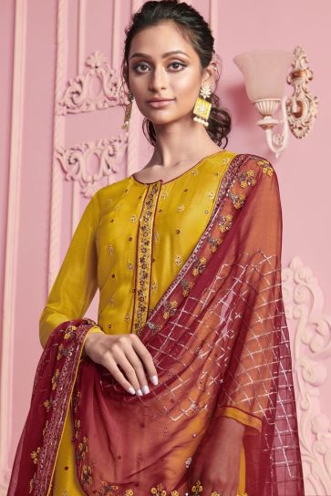 Yellow Color Party Style Embroidered Art Silk Fabric Salwar Kameez