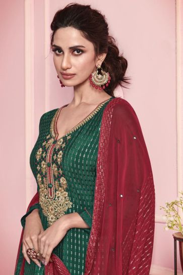 Art Silk Fabric Function Wear Green Color Embroidered Salwar Suit