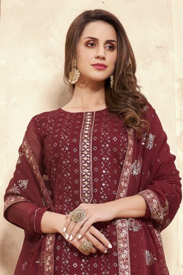 Georgette Fabric Party Wear Maroon Color Embroidered Salwar Suit