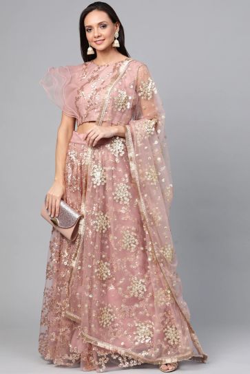 Pink Net Fabric Sequins Work Reception Wear Lehenga Choli