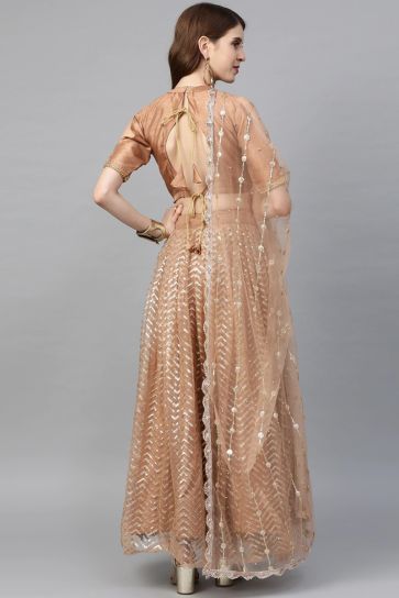Net Fabric Sequins Work Wedding Wear Designer Lehenga Choli In Brown Color