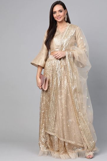 Net Fabric Wedding Wear Beige Color Sequins Work Lehenga Choli