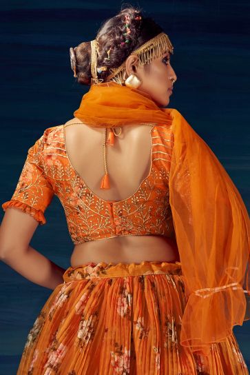 Orange Color Organza Fabric Printed Work Function Wear Designer Lehenga