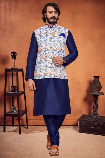 Blue Color Function Wear Art Silk Readymade Kurta Pyjama For Men With Fancy Jacket
