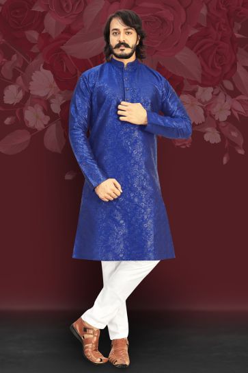 Blue Color Art Silk Wedding Wear Readymade Kurta Pyjama For Men