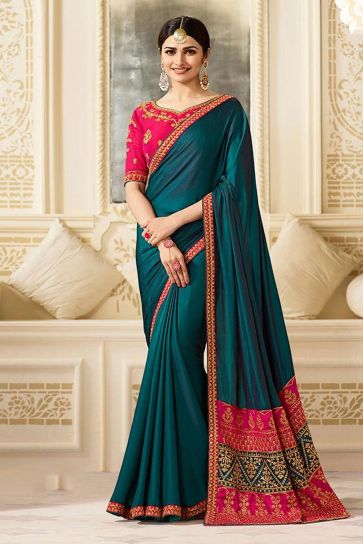 Prachi Desai Featuring Occasion Wear Teal Saree In Art Silk Fabric With Embroidery Designs And Designer Blouse