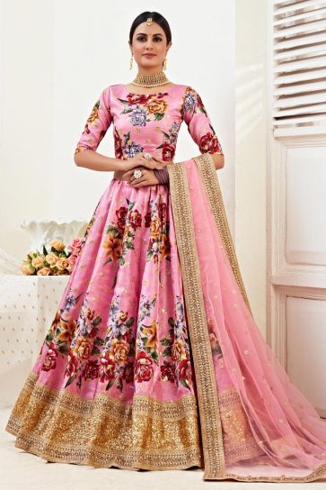 Sangeet Wear Satin Silk Fabric Pink Color Printed Lehenga Choli