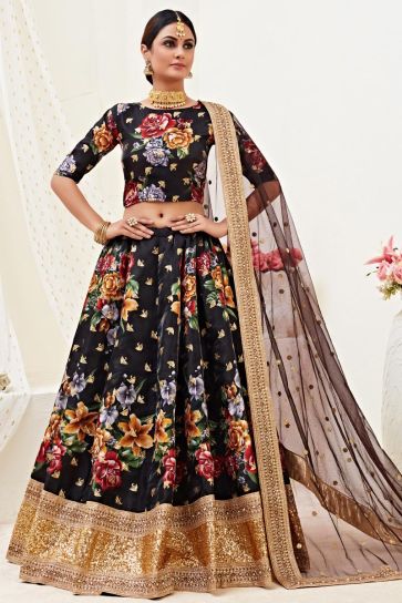 Black Color Sangeet Wear Printed Lehenga In Satin Silk Fabric