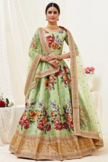 Sangeet Wear Sea Green Color Printed Satin Silk Fabric Lehenga Choli