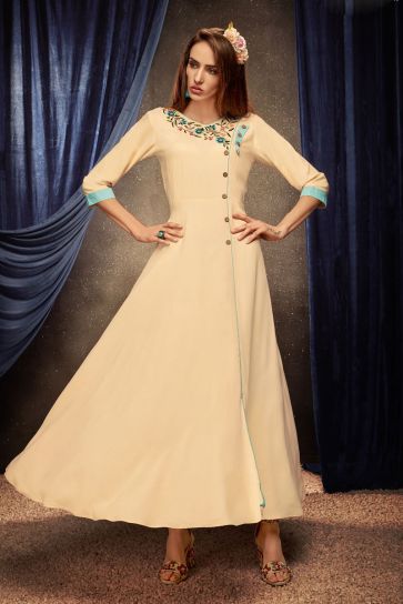 Cream Color Embroidered Rayon Fabric Party Wear Kurti
