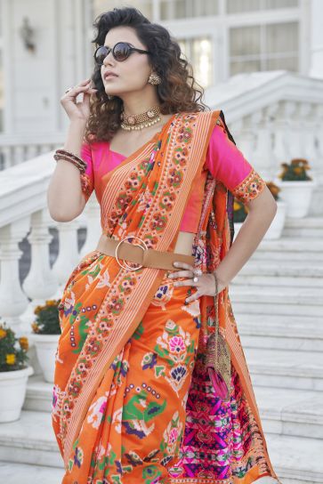 Orange Color Art Silk Fabric Designer Patola Style Saree With Weaving Work
