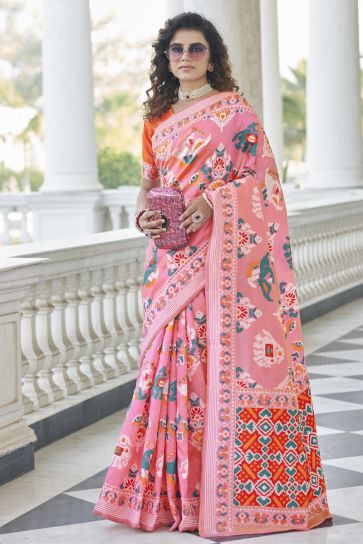 Classic Weaving Work On Pink Color Sangeet Wear Patola Style Saree In Art Silk Fabric