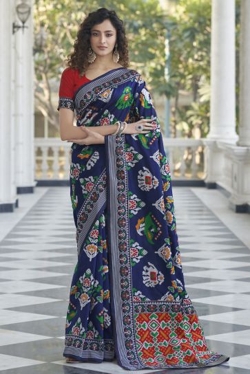 Art Silk Fabric Navy Blue Color Sangeet Wear Patola Style Saree With Fascinating Weaving Work