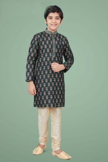 Dark Green Color Function Wear Stylish Kurta Pyjama For Kids Wear In Art Silk Fabric