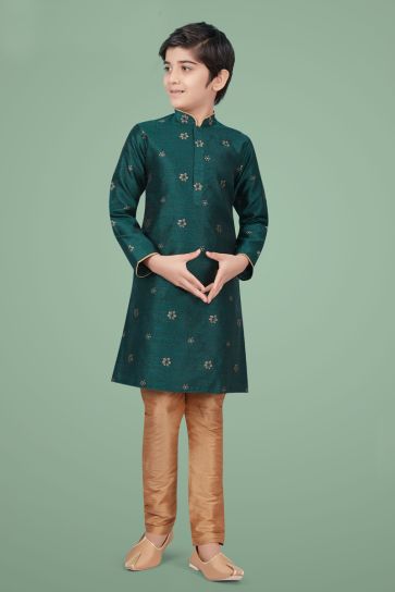 Dark Green Color Sangeet Wear Fancy Kurta Pyjama For Kids Wear In Art Silk Fabric
