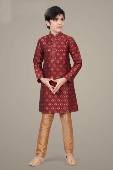 Maroon Color Sangeet Wear Stylish Kurta Pyjama For Kids Wear In Jacquard Fabric