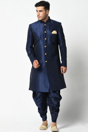 Navy Blue Color Art Silk Sangeet Wear Fancy Readymade Dhoti Style Indo Western For Men
