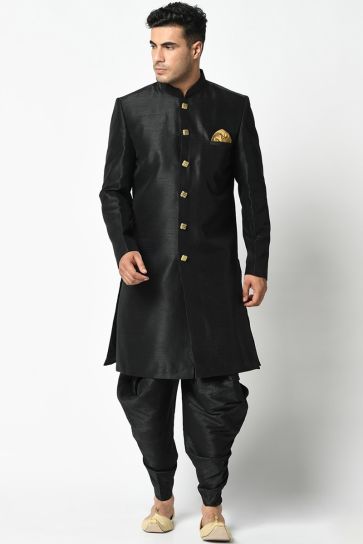 Black Color Art Silk Reception Wear Trendy Readymade Dhoti Style Indo Western For Men