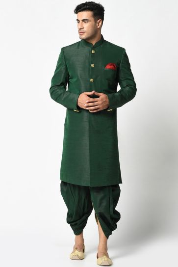 Dark Green Color Art Silk Sangeet Wear Designer Readymade Dhoti Style Indo Western For Men