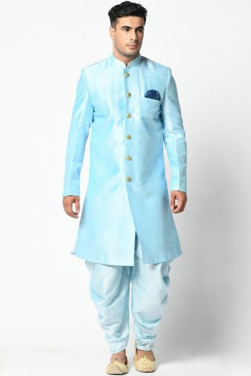 Sky Blue Color Art Silk Wedding Wear Fancy Readymade Dhoti Style Indo Western For Men