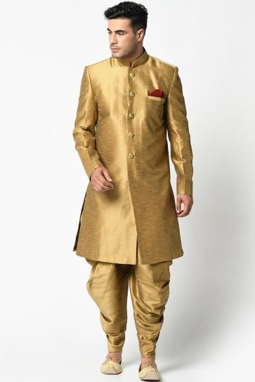 Golden Color Art Silk Reception Wear Stylish Readymade Dhoti Style Indo Western For Men