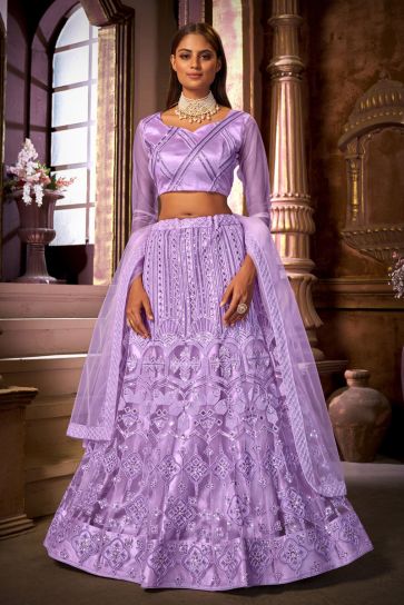 Function Wear Net Fabric Purple Color Beautiful Lehanga Choli